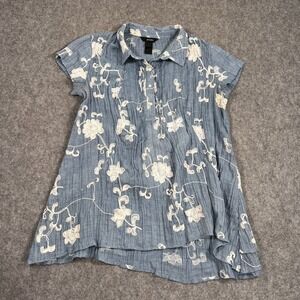 Ali Miles Blue Floral Embroidered Short Sleeve Polo Tunic Top Womens Size Medium